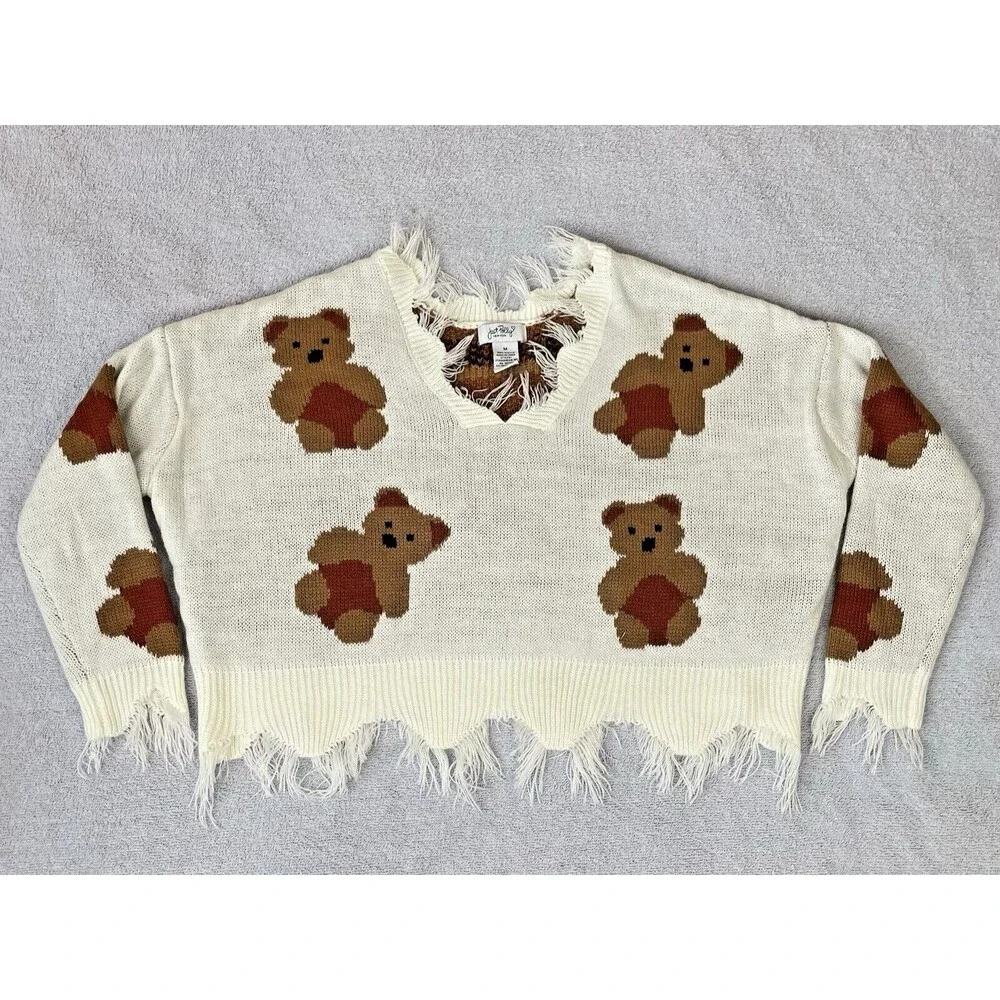 Just Polly NY Teddy Bear Sweater Women's Medium V-Neck Fray Frilly Knit - Picture 2 of 14